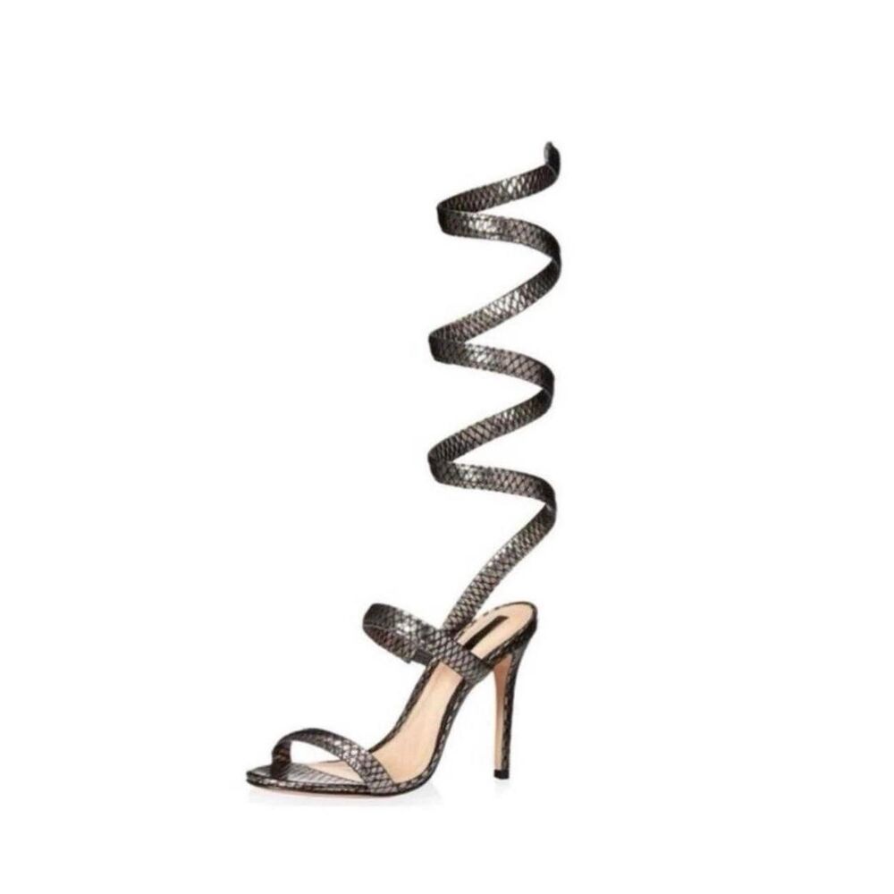 Schutz Feechi gunmetal grey snake-embossed leather spiral ankle strap sandals